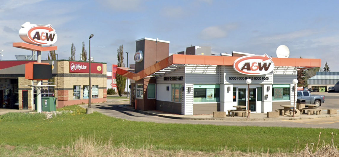 A and W fast food restaurant with drive-thru and parking lot located at 18 Westway Road, Spruce Grove, Alberta.
