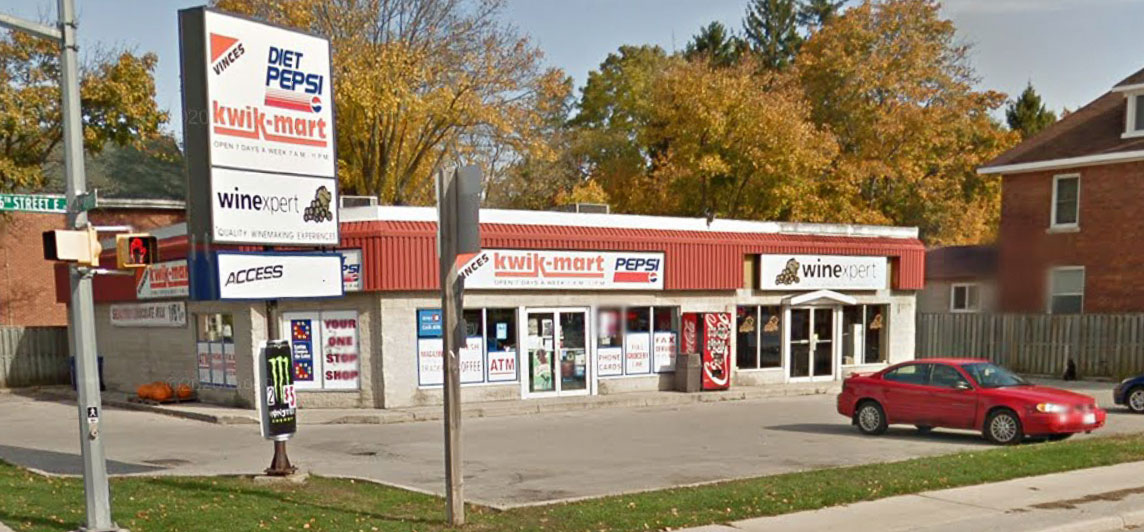 Single story convenience store with ample parking on corner lot. Located at 601 Second Avenue, Owen Sound, Ontario.